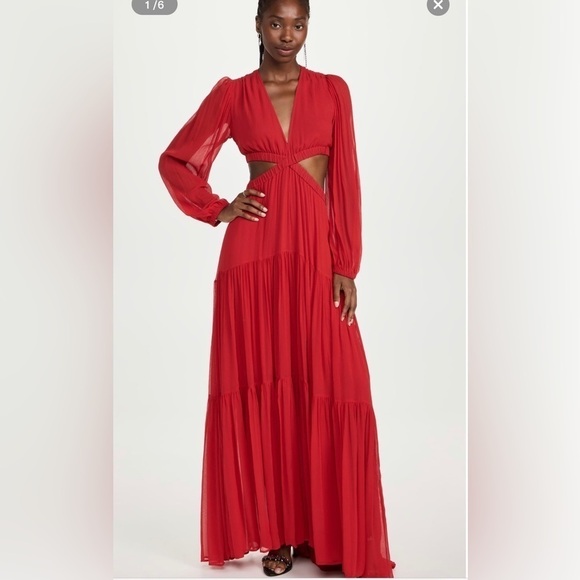 A.L.C. Women's Isabelle Dress, Garnet, Red, 4 pleated cut out boho cottage long - Picture 1 of 12